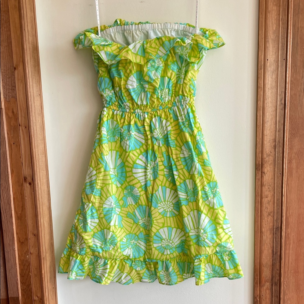 LILLY PULITZER Flor Pink Label Strapless Ruffle Mini Dress M Green Yellow VTG - Picture 10 of 17